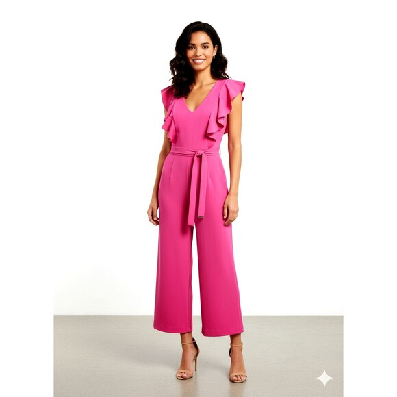 ALK Women's 2 Tommy Hilfiger Ruffle Sleeve Belted Hot Pink V-Neck Jumpsuit EUC - Picture 1 of 12